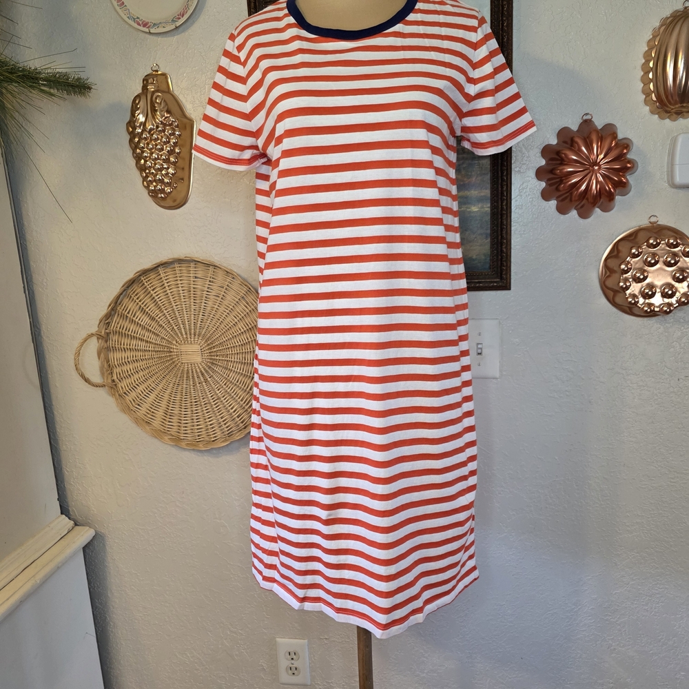J.Crew Striped Red-Orange and White Americana Nautical Coastal Tee Shirt Dress